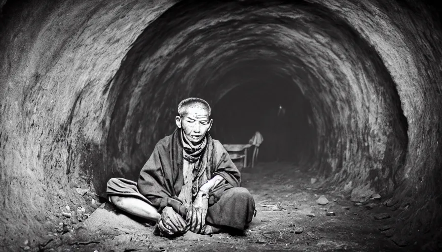 Image similar to a tibetan man in a dirty barque in a tiny tunnel, leica sl 2