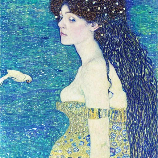 Prompt: a young beautiful woman with sliver long hair wearing a long white dress, on a boat flowing in the deep blue starry sea, flying white birds, sea animals, like a dream, hyperrealistic, highly detailed, gothic, by gustav klimt