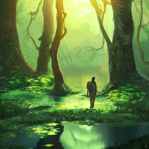 Image similar to a prince stands in a forest with a pond in the center, green color scheme, morning, artstation,