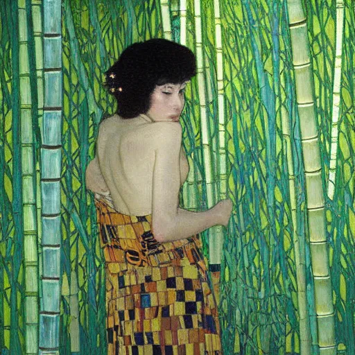 Prompt: fantasy art concept art beautiful lighting of a woman in a bamboo forest by klimt