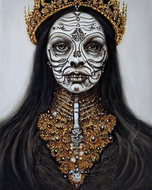 Image similar to realistic portrait of a queen of bones, dark, gold, silver ornaments, facing camera, photo realistic, detailed, 1 4 5 0, delicate, hyper realism, ultra realistic, 8 k