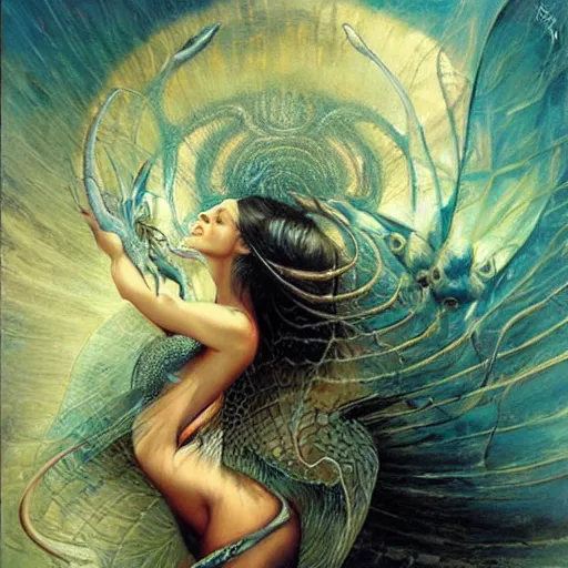 Image similar to the devil and a serpent, ethereal, painting by karol bak