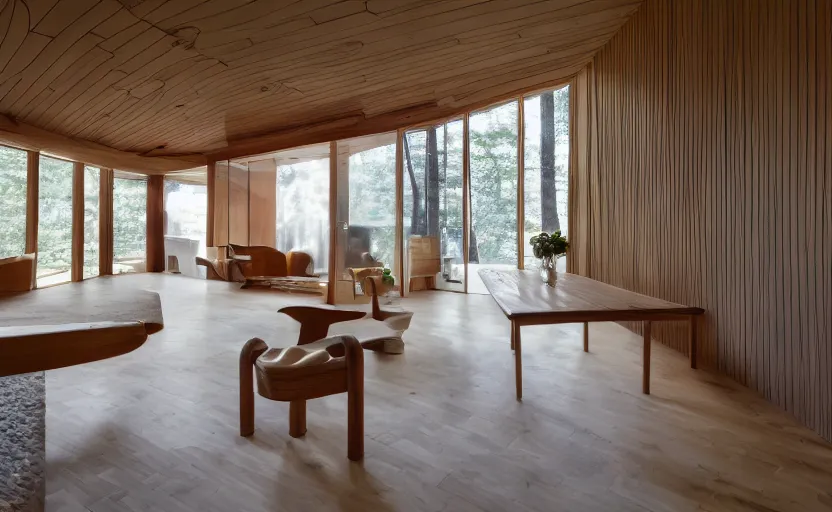 Image similar to luxurious wooden cottage by alvar aalto, modern japanese living room, japanese flower arrangements, coherent composition, architecturally accurate, architecture photography