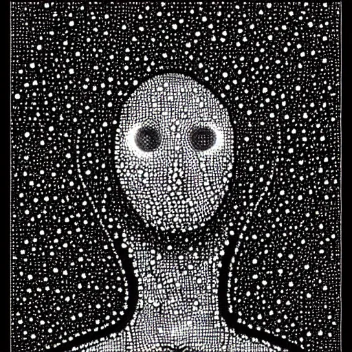 Prompt: pointilism, black and white, dot art, dark, ominous, hooded, faceless, anthropomorphic, asymmetrical, in style of old painting, gothic, black metal