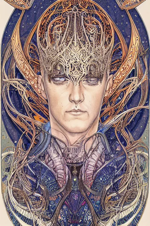 Prompt: A hyper-detailed, ultra-detailed, full-color photorealistic mixed media painting of Sandman Morpheus, perfectly symmetrical art nouveau portrait structure at night in the winter, full-color p. craig russell illustration in fineliner style,