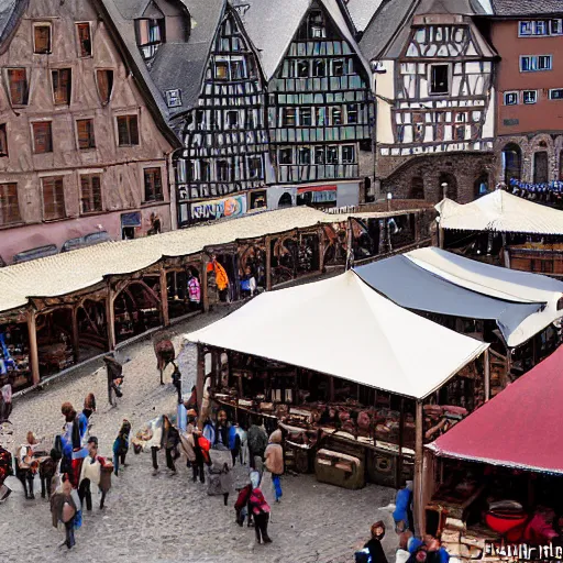 Prompt: A photograph taken in 1200AD of the market Square of a medieval town, Germany 1200AD. midday, clear sky. The market is filled with merchants selling goods and surrounded by Half-timbered houses. cobblestone, brick, market, tents, merchants. 75mm