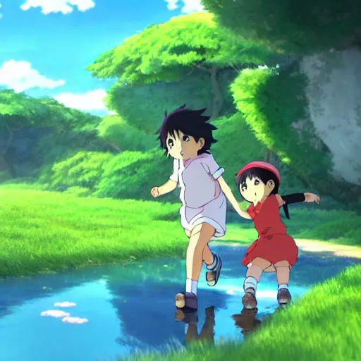 Image similar to diverse toddlers playing, anime style, environmental art animation background, studio ghibli, makoto shinkai