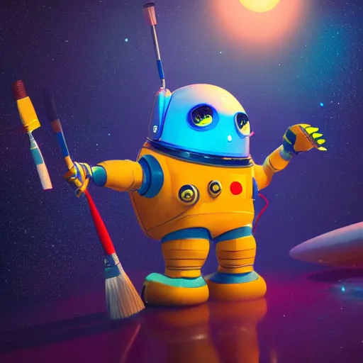 Prompt: space robot holding big paintbrushes, painting a canvas, cute, pixar, galaxy, photorealism 4 k, octane render, clean design, beautiful light