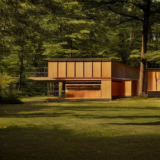 Image similar to architecture ad for a big mid-century modern house in the middle of the wood designed by kengo khuma. grain, cinematic, colorized, yellow hue.