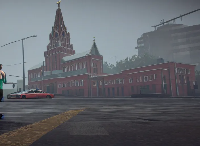 Image similar to cinematic screenshot gta 5, rain, man in adidas tracksuit, churches, buildings, road, moskvich, rtx reflections, gta vi, moscow, soviet apartment buildings, award winning, artstation, intricate details, realistic, hyperdetailed, 8 k resolution