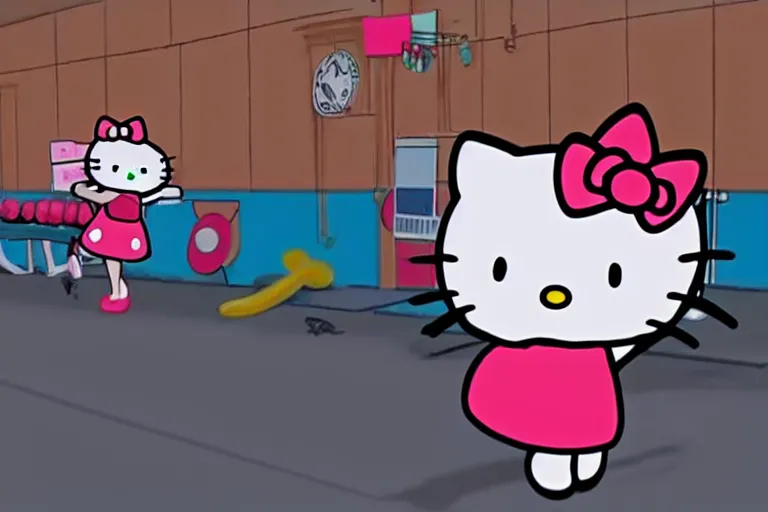 Prompt: animated cartoon film of hello kitty exercising at the gym, hello kitty has big muscles, barbells