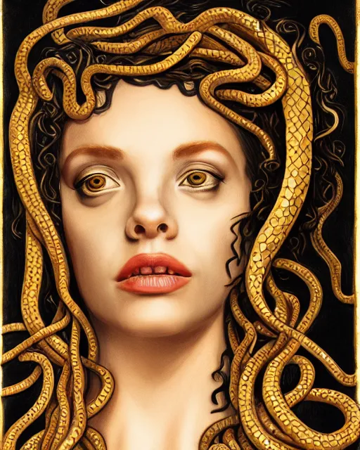 Image similar to realistic portrait of beautiful medusa with her snakes, golden, delicate, facing camera, hyper realism, 1 4 5 0, ink, ultra realistic, 8 k