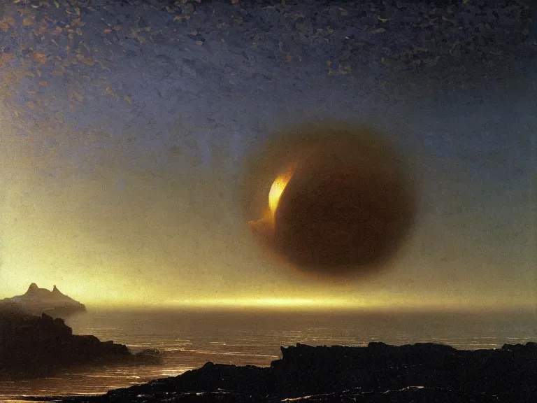 Image similar to an oil painting of an alien planet and the coastline of a black ocean at dawn, beautiful sky by beksinski carl spitzweg and tuomas korpi. baroque elements, full-length view. baroque element. intricate artwork by caravaggio. Trending on artstation. 8k