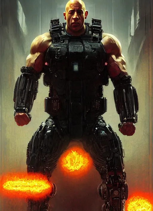 Image similar to vin diesel as victor stone, full body concept, cyborg, borg, strogg, face of a man, terminator, flesh, quake strogg, doom demon, wolfenstein, monstrous, powerful, symmetry, symmetrical, concept art by ruan jia and greg rutkowski