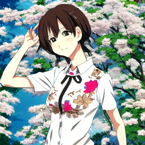 Image similar to Detailed anime key visual of a beautiful Japanese woman with short brown hair, shoulder-length; wearing a white shirt with a floral pattern; Official media