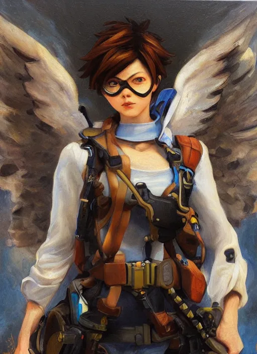 Prompt: oil painting of tracer overwatch in the style of sophie anderson, flying, angel wings,