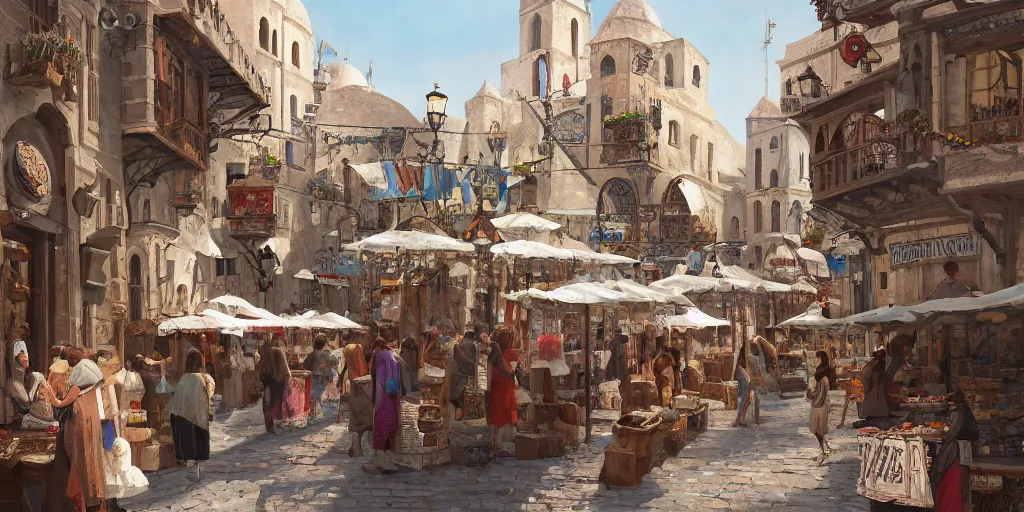 Image similar to a busy medieval Mediterranean street market in the style of Sylvain Sarrailh, Greek islands, narrow streets, whitewashed buildings, old port, hanging fabric, bartering merchants, beautiful digital art, cinematic composition, detailed, concept art, Matt painting, oil painting, high res