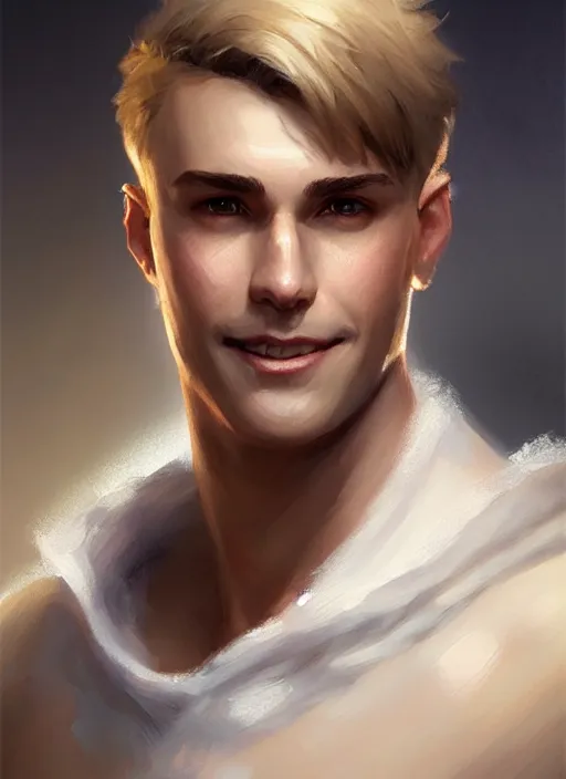 Image similar to a _ fantasy _ style _ portrait _ painting _ of white male short fringe light brown hair short head smiling clean shaven round face rpg dnd oil _ painting _ unreal _ 5 _ daz. _ rpg _ portrait _ extremely _ detailed _ artgerm _ greg _ rutkowski _ greg