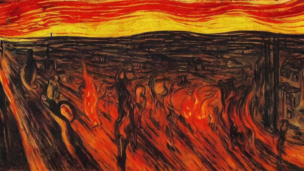 Image similar to a burning town, tragic painting by edvard munch