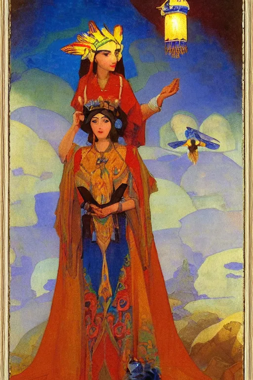 Image similar to queen of the dawn with her lantern and birds, by Nicholas Roerich and Gaston Bussière, elaborate headdress and embroidered velvet, iridescent beetles, rich color, dramatic cinematic lighting, extremely detailed