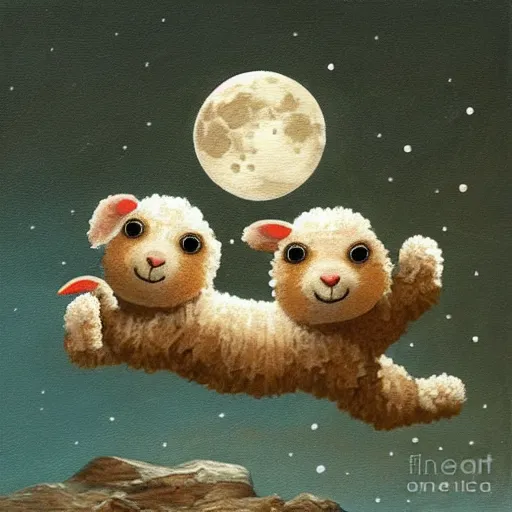 Image similar to cute wooly baby sheep jumping over the moon detailed magical realism painting