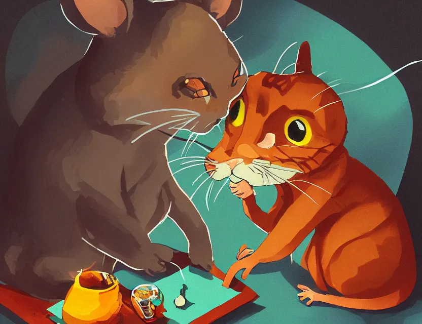 Image similar to adventurer mouse smoking a joint with the cat, cat has big red eyes, tired look. complementary colors, gouache, indie concept art, bloom, chiaroscuro, backlighting, intricate details.