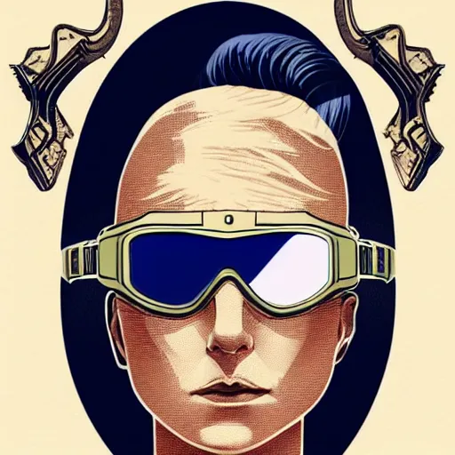 Image similar to tattooed stoic heroic emotionless dirty butch blonde woman space hero with very short slicked - back hair, wearing dark - lensed victorian goggles, wearing white and gold satin uniform and cape, moebius, rough paper, smooth median photoshop filter cutout vector, behance hd by jesper ejsing, by rhads, makoto shinkai and ron cobb.