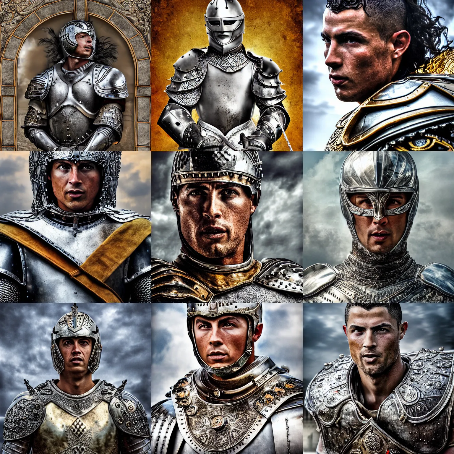 Prompt: portrait of cristano ronaldo wearing heavy shiny armor, gladiator style, clouded, detailed, intricate, realistic, hdr, 8 k