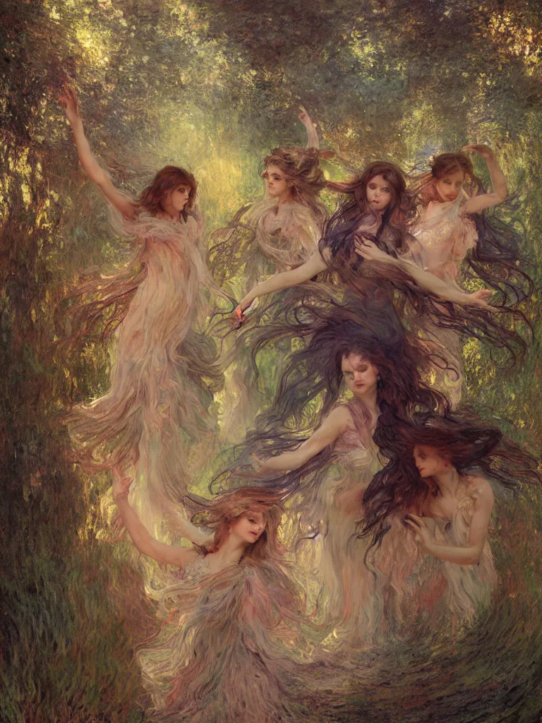 Image similar to illustration studio portrait of three dark beautiful seraphim female energy dancing in artistic poses in a witch's coven at the forest, a big firepit emerges, monet painterly motives and textures pattern, hyper detailed, octane render, vivid colors, artstation, by jeremy mann, by alphonse mucha, by monet