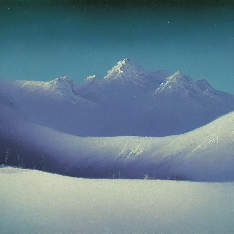 Image similar to caucaus mountains, winter, night, luminous, teal palette, arkhip kuindzhi, glaze oil painting, christian mysticism