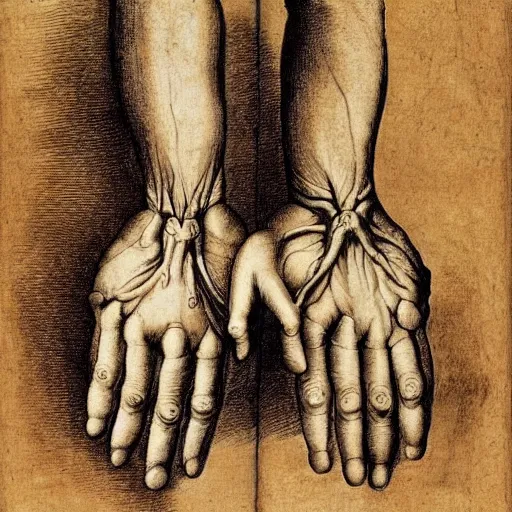 Prompt: anatomical drawing of hands, in the style of leonardo da vinci,