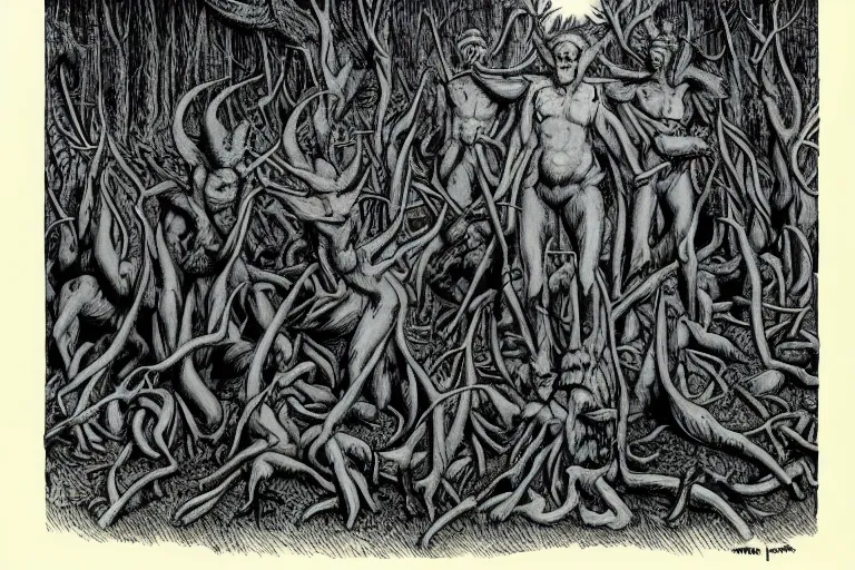 Image similar to multi headed demon in a forest in the style of wayne barlowe