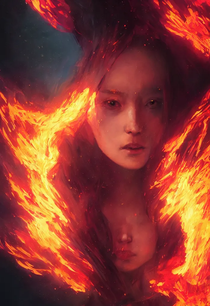 Image similar to a fancy portrait of a small female celestial engulfed in coloured flames by greg rutkowski, sung choi, mitchell mohrhauser, maciej kuciara, johnson ting, maxim verehin, peter konig, bloodborne, 8 k photorealistic, cinematic lighting, hd, high details, dramatic, dark atmosphere, trending on artstation