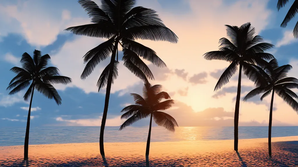 Image similar to sunset over a beach with palm trees, dramatic lighting, 8k uhd, raytracing, unreal engine, octane render, picturesque, extremely detailed