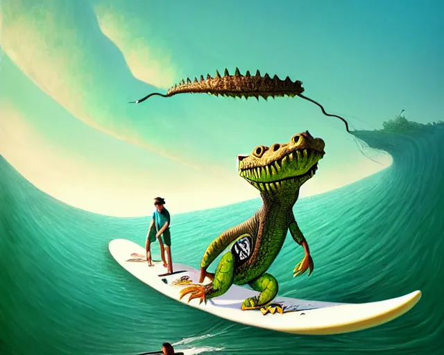 Prompt: a crocodile surfing on a longboard, tube wave, funny cartoonish, by gediminas pranckevicius h 7 0 4 and greg rutkowski, humanoid crocodile, cartoon illustration, impressive perspective