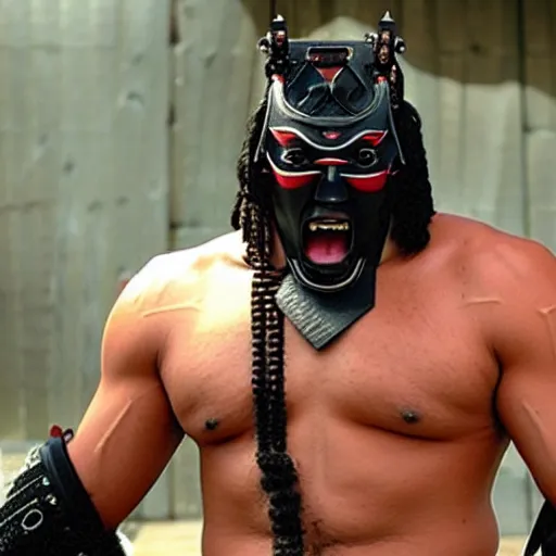 Image similar to fierce big muscular samurai wearing a cybernetic oni mask, movie still