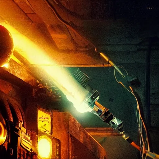 Image similar to weapon made from old egg beater, balding older cyborg repairing, red hot soldering iron, dark messy smoke - filled cluttered workshop, dark, dramatic lighting, orange tint, cinematic, highly detailed, sci - fi, futuristic, movie still from blade runner