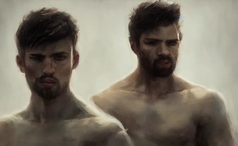 Prompt: a painting of arkul trending on artstation in the style of greg rutkowski, beautiful, male, sensual, natural skin, muscular, stubble