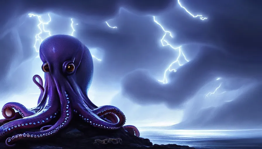 Prompt: a portrait of an anthropomorphic humanoid octopus struck by lightning, hyper realistic crystallized cavern with dark storm clouds above, 8 k digital art, trending on artstation, by lim chuan shin