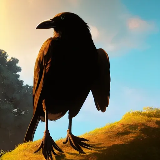 Image similar to a wholesome animation key shot of a crow on a hill, portrait shot, studio ghibli, pixar and disney animation, sharp, rendered in unreal engine 5, anime key art by greg rutkowski, bloom, dramatic lighting, golden hour