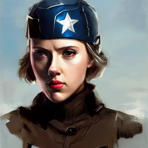 Image similar to a still of captain america played by by scarlett johansson wearing dieselpunk outfit, face portrait, hd shot, digital portrait, elegant, beautiful, fantasy art, artstation, comic style, by artgerm, guy denning, jakub rozalski, magali villeneuve and charlie bowater