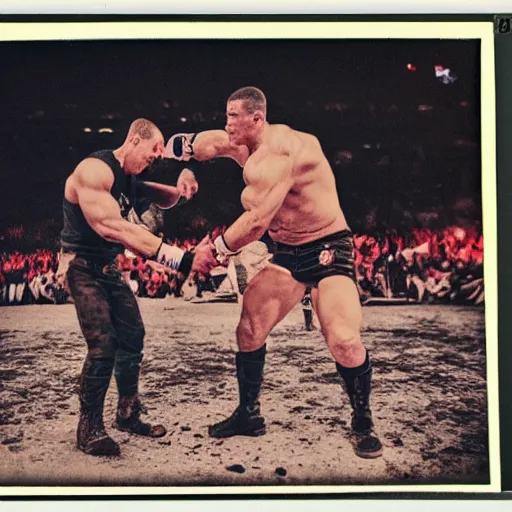 Prompt: John Cena battling in the war, polaroid, photography, damaged, epic,