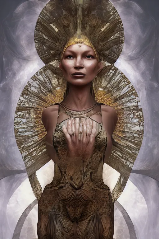 Image similar to a realistic moody photo of a beautiful ancient alien woman goddess kate moss durga standing in iris van herpen dress jewelery and fractals in style of alphonse mucha art nuvo dmt trending on artstation made in unreal engine 4