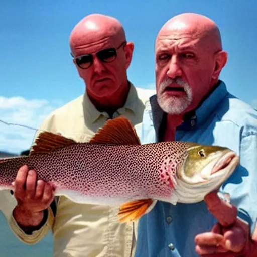 Image similar to mike ehrmantraut fighting another mike ehrmantraut holding a big trout fish big heads from breaking bad and better call saul