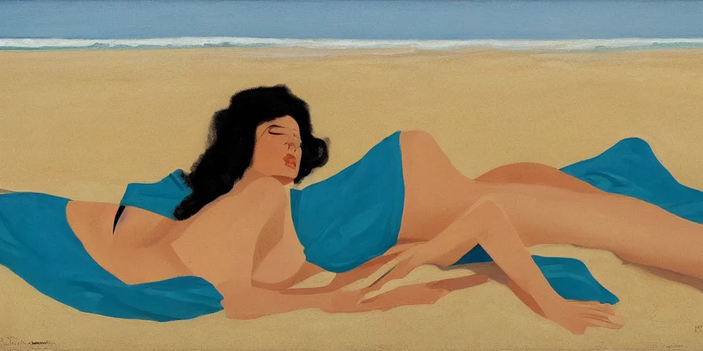 Prompt: woman laying on beach by Pegge Hopper