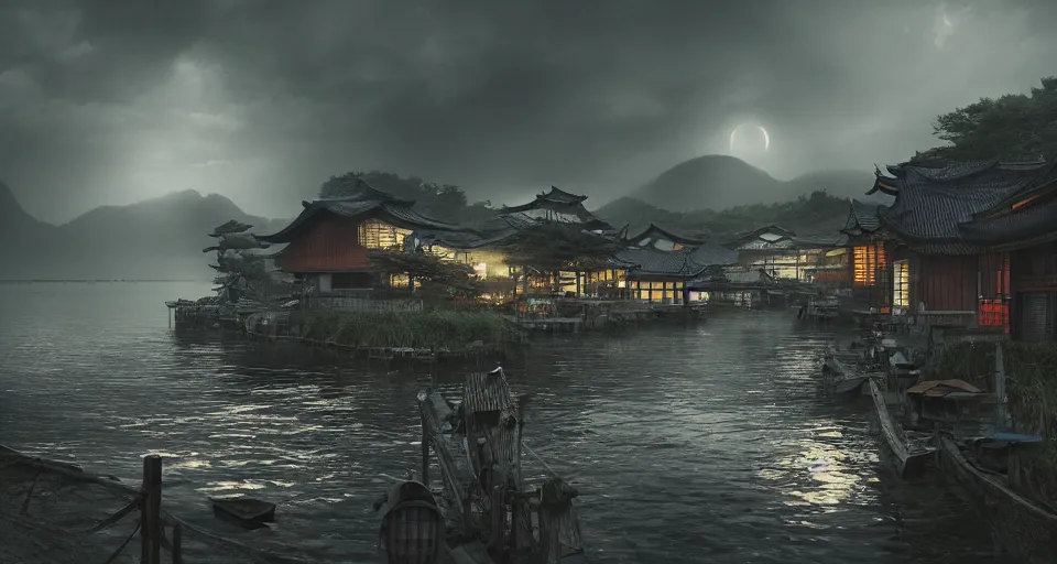 Image similar to An old Japanese fishing village at night, evil, demonic, enchanting, misty, haze, clouds, angelic, flowers, nature, symmetry, environment concept, cinematic, Rendered in Octane, cgsociety, moody lighting rendered by octane engine, cinematic lighting, intricate details, 8k detail post processing, hyperealistic, photo realism, by Stephen King