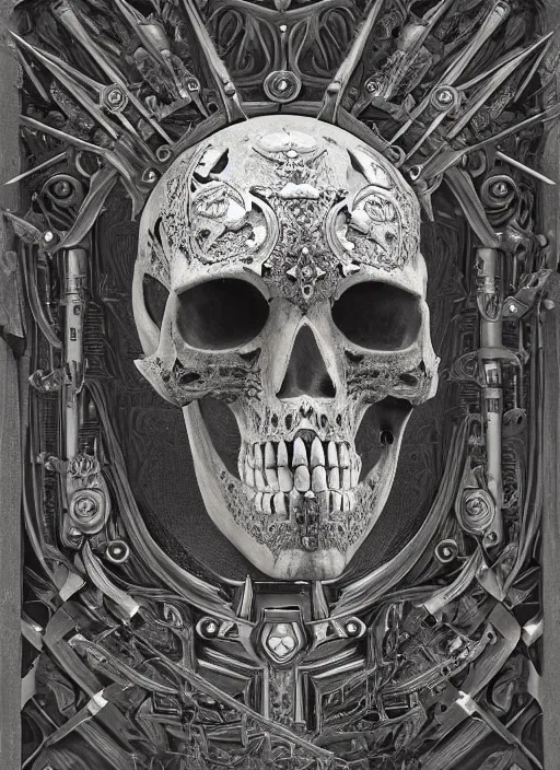 Prompt: portrait of king arthur skull faced knight cyborg with a crown with engravings, studio portrait against a black background, modern fine art, fractal, intricate, elegant, highly detailed, digital photography, subsurface scattering, in the style of ghost, by jheronimus bosch and yue minjun and giger and greg rutkowski,