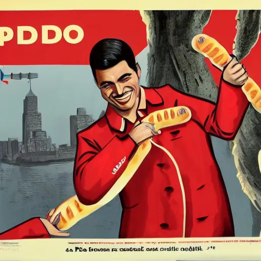 Prompt: pedro sanchez wearing a toreador suit, in a propaganda poster, selling hot dogs