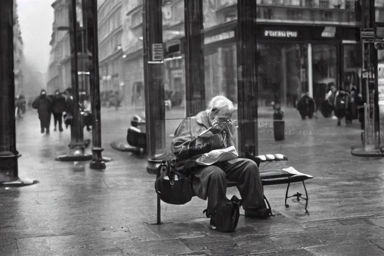 Prompt: a photojournalism photograph of an old man sat at the bus stop reading the newspaper, on a french parisian street in the morning on a rainy day, by henri cartier bresson, cinematic, beautiful lighting, leica