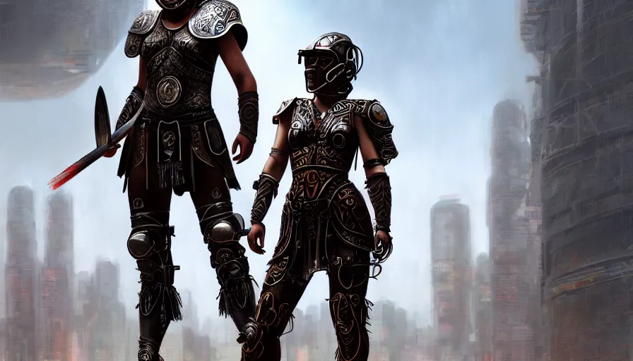 Image similar to full body portrait, a gladiator in a helmet in the arena, cyberpunk, biomechanics, hyperrealism, detailed and intricate environment,